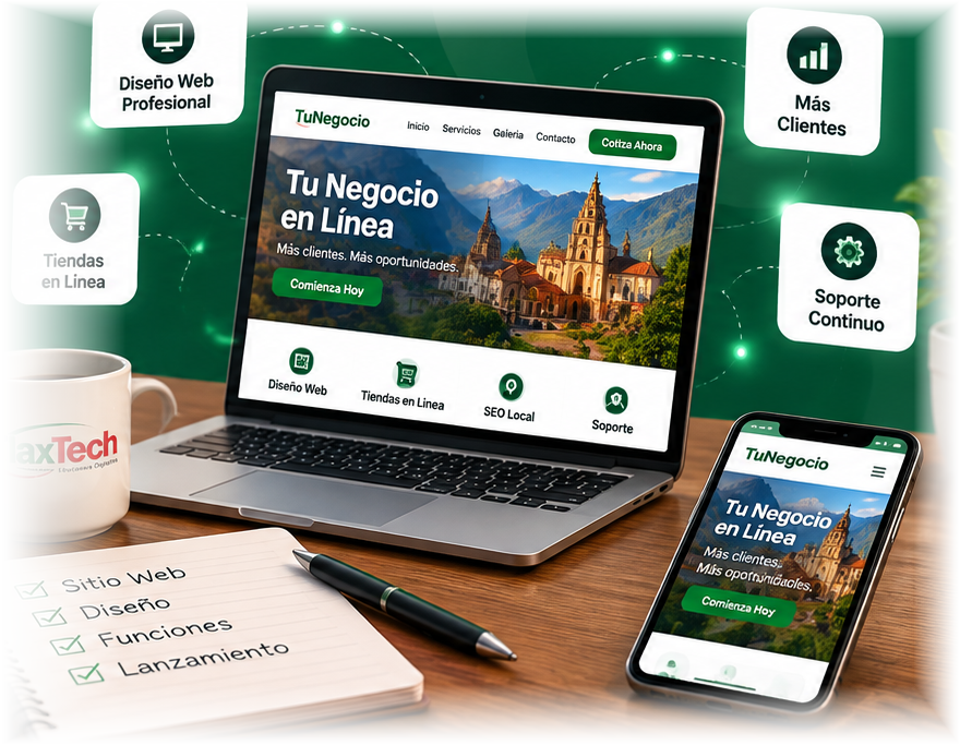 Espacio de trabajo de TlaxTech con laptop, celular y servicios digitales